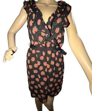 Lush Black Floral Chiffon Ruffle Wrap Dress Size Medium Orange Rose Print V-Neck